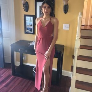 Long Brick Red Formal Gown w/ slit and open back